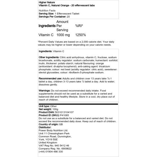 Higher Nature - Vitamin C mit natürlichem Orangenaroma - 20 Brausetabletten – Bild 2
