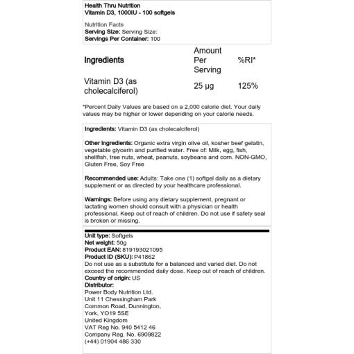 Health Thru Nutrition - Vitamin D3, 1000 IE - 100 Weichkapseln – Bild 2