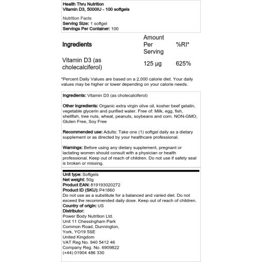 Health Thru Nutrition - Vitamin D3, 5000 IE - 100 Weichkapseln – Bild 2