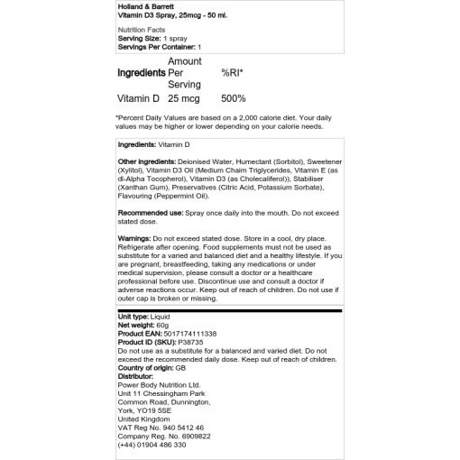 Holland & Barrett - Vitamin D3 Spray, 25 mcg - 50 ml – Bild 2