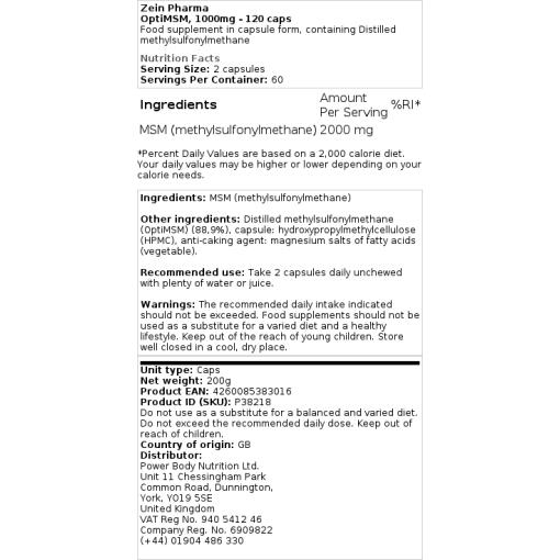 Zein Pharma - OptiMSM, 1000 mg - 120 Kapseln – Bild 2