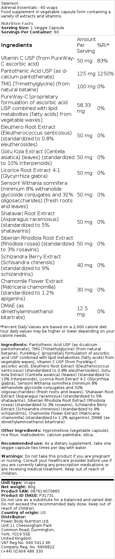 Swanson - Adrenal Essentials - 60 vegetarische Kapseln – Bild 2