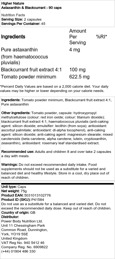 Higher Nature - Astaxanthin & Schwarze Johannisbeere - 90 Kapseln – Bild 2