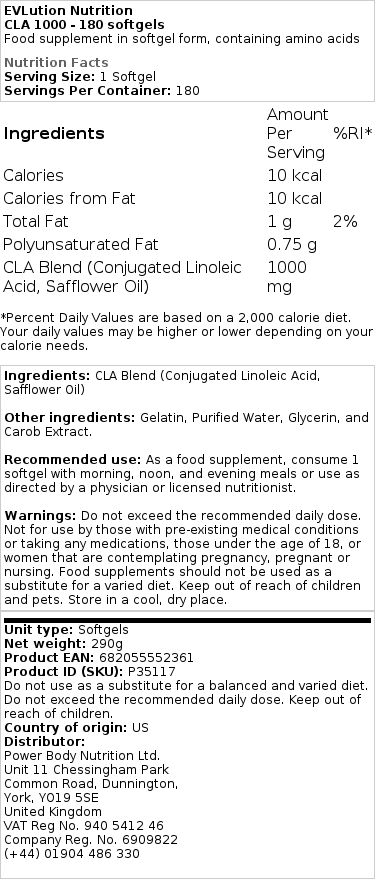 EVLution Nutrition - CLA 1000 - 180 Weichkapseln – Bild 2
