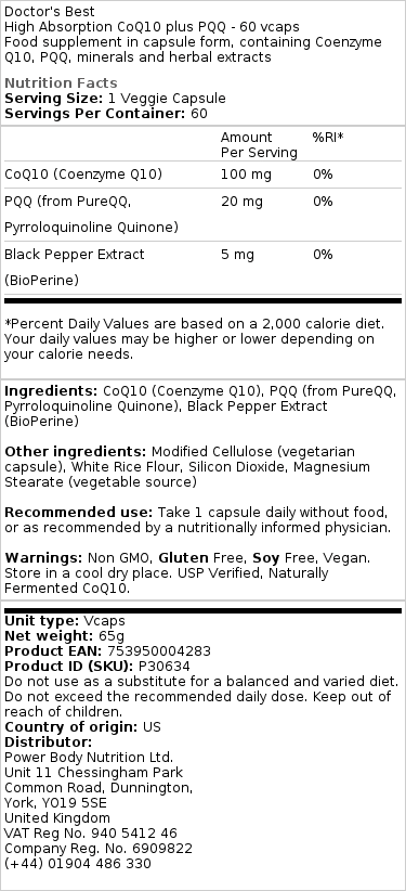 Doctor's Best - Hochabsorbierendes CoQ10 plus PQQ - 60 Kapseln – Bild 2