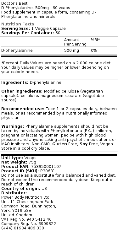 Doctor's Best - D-Phenylalanin, 500 mg - 60 Kapseln – Bild 3