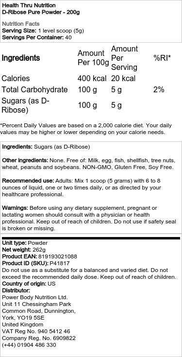 Health Thru Nutrition - D-Ribose Pulver - 200g – Bild 2