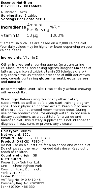 Essence Nutrition - D3 2000 IE - 180 Tabletten – Bild 2