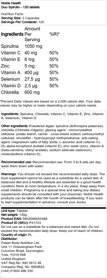 Noble Health - Duo Spirulina - 120 Tabletten – Bild 2