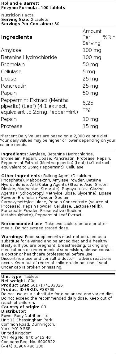 Holland & Barrett - Enzymformel - 100 Tabletten – Bild 2