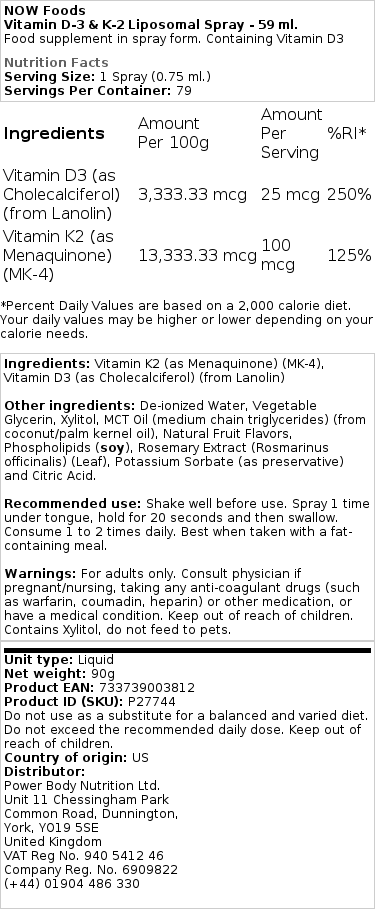 NOW Foods - Liposomales Vitamin D3 und K2 Spray - 59 ml – Bild 2