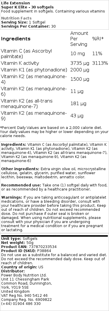 Life Extension - Super K Elite - 30 Weichkapseln – Bild 2