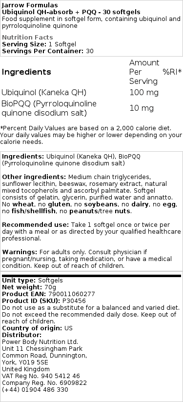 Jarrow Formulas - Ubiquinol QH-Absorb + PQQ - 30 Weichkapseln – Bild 2