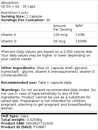 Allnutrition - Vitamin D3 + K2 - 30 Kapseln – Bild 2