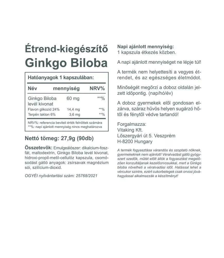 Vitaking - Ginkgo Biloba 60mg Blattextrakt (90 Kapseln) – Bild 2