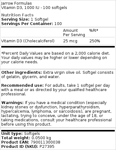Jarrow Formulas - Vitamin D3, 1000 IE - 100 Weichkapseln – Bild 3