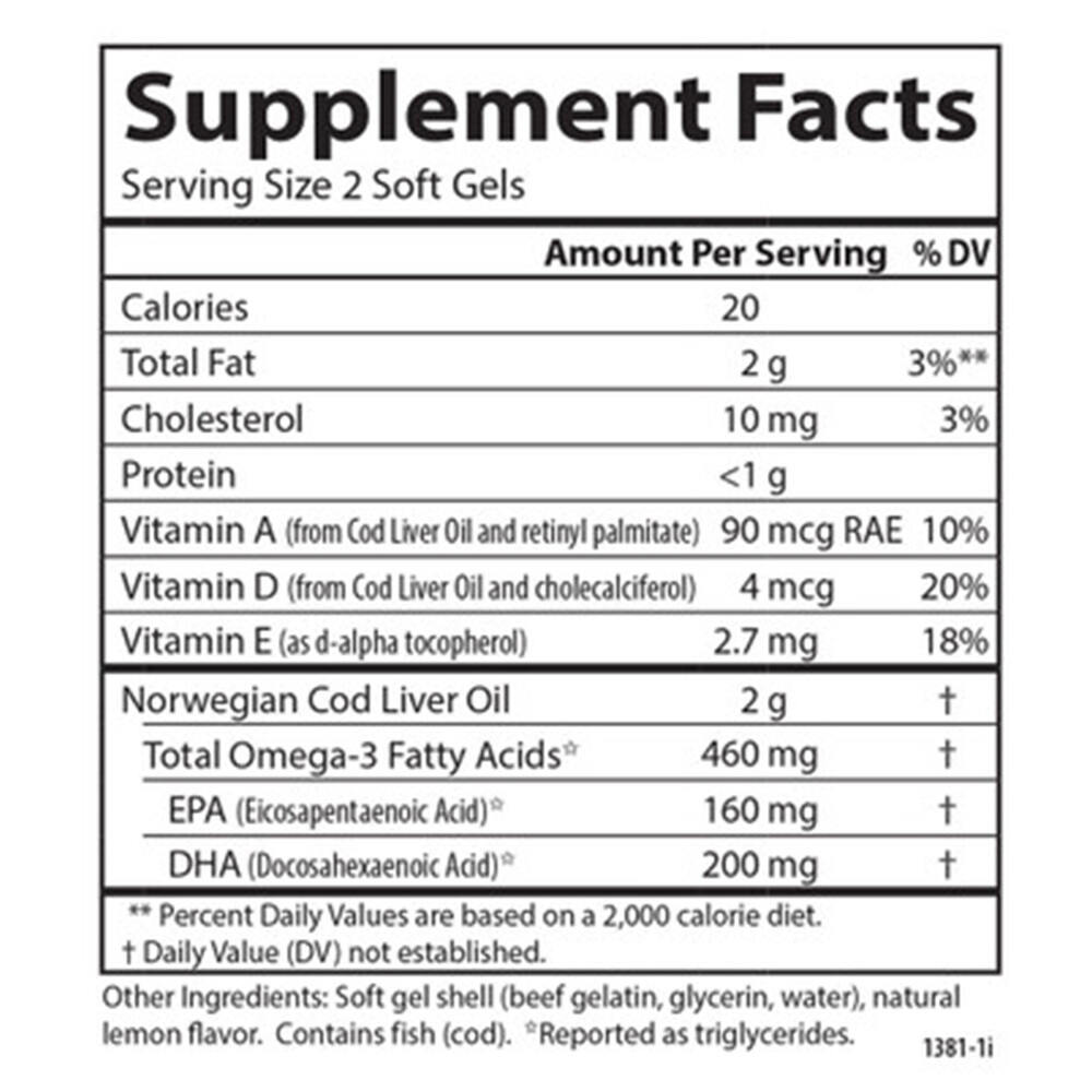 Carlson Labs - Wildes Norwegisches Kabeljau-Leberöl, 460mg - 150 + 30 Weichkapseln – Bild 3