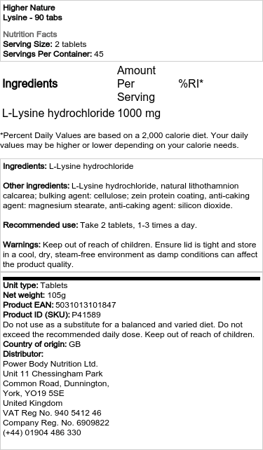 Higher Nature - Lysin - 90 Tabletten – Bild 2
